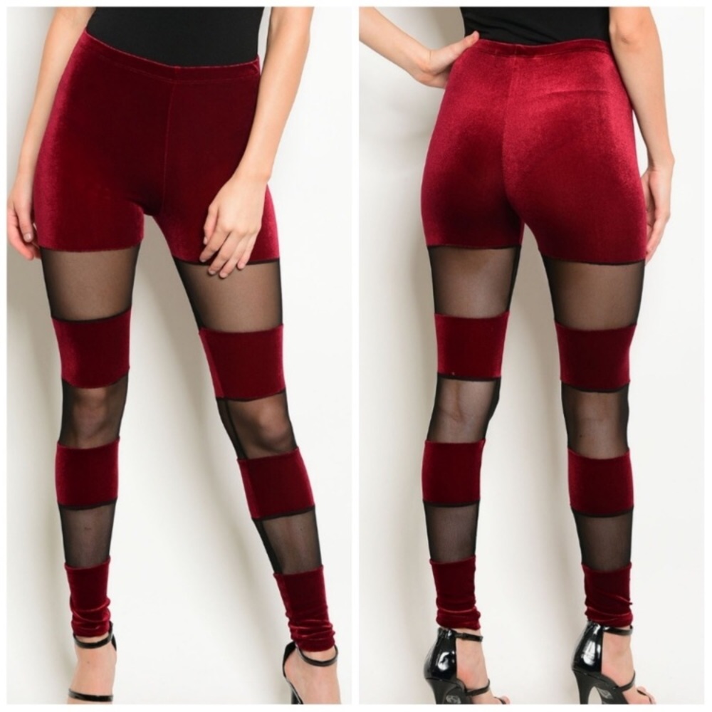 π Sexy Soft Velvet Mesh Panel Burgundy Color Block Comfortable Leggings π